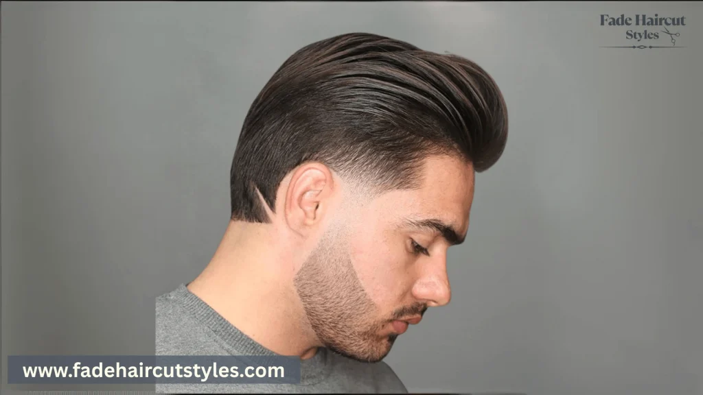slicked back pompadour temple fade
